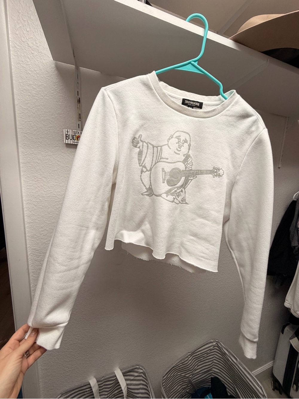 True Religion White Cropped Graphic Sweatshirt with Guitar Buddha